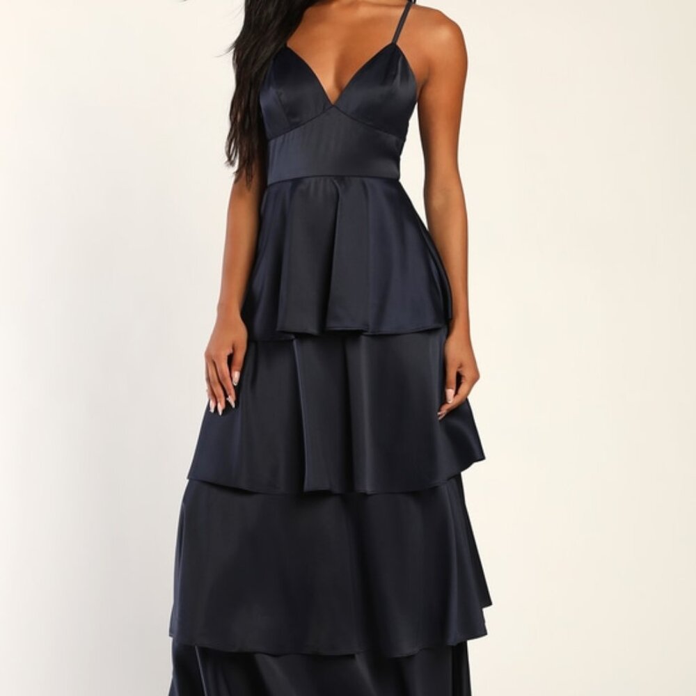 Lulus Going With Elegance Navy Blue Satin Tiered Maxi Dress - Size M